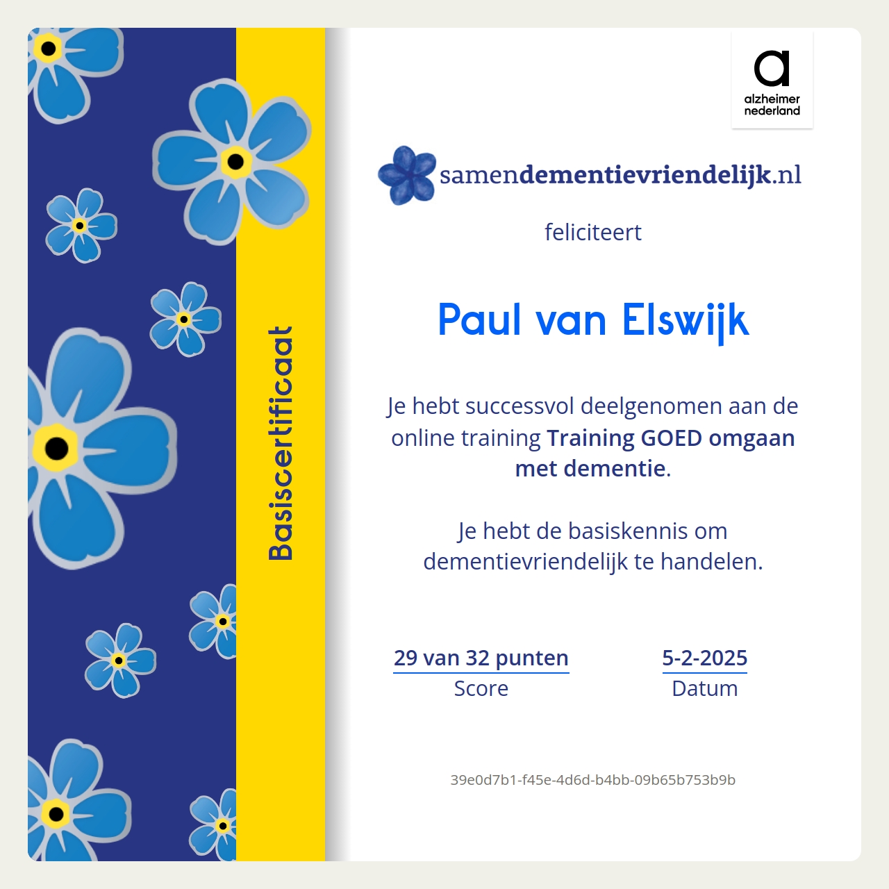 Basiscertificaat Samen Dementievriendelijk